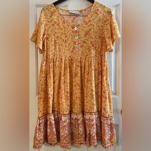 PETAL + PUP Sm Bohemian Babydoll Feminine Orange Yellow Spring Midi Button Dress